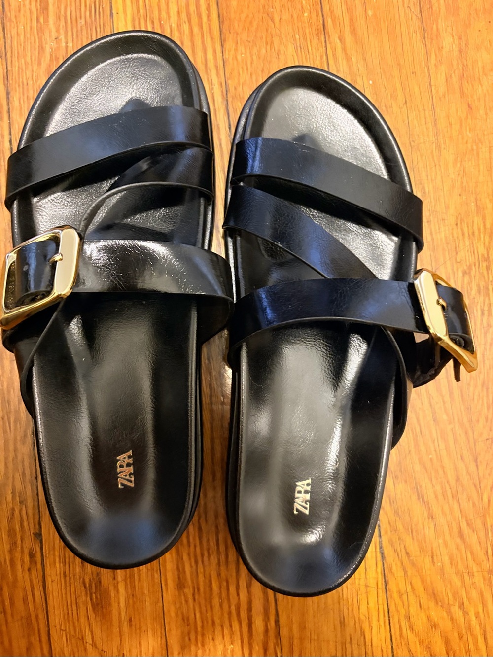 ZARA Black Slide Sandals with Gold Buckles